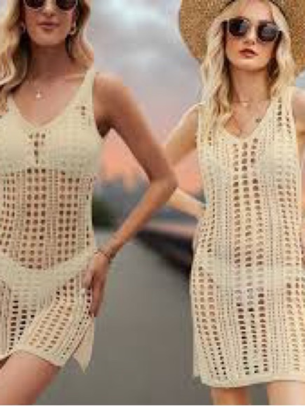 Paradise Open-Knit V-Neck Swim Coverup Dress in Cream size S
